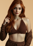 Full Coverage Brown Colored Tie Back Rave Festival Crocheted Bralette Bikini Crop Top