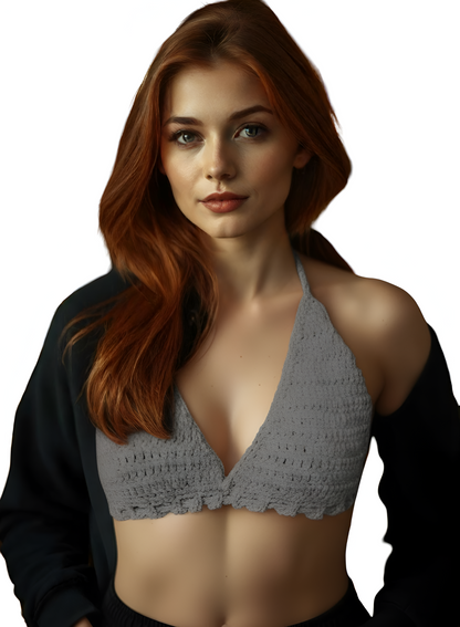 Full Coverage Passport Gray Tie Back Rave Festival Crocheted Bralette Bikini Crop Top - Autumn LeAnn Designs®