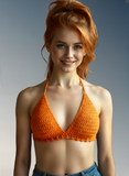 Full Coverage Orange Tie Back Rave Festival Crocheted Bralette Bikini Crop Top