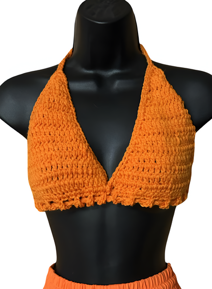Full Coverage Orange Tie Back Rave Festival Crocheted Bralette Bikini Crop Top - Autumn LeAnn Designs®