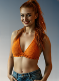 Full Coverage Orange Tie Back Rave Festival Crocheted Bralette Bikini Crop Top