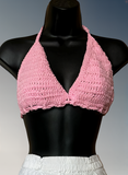 Full Coverage Pink Tie Back Rave Festival Crocheted Bralette Bikini Crop Top