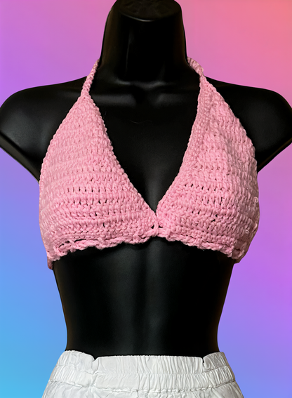 Full Coverage Pink Tie Back Rave Festival Crocheted Bralette Bikini Crop Top - Autumn LeAnn Designs®