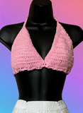 Full Coverage Pink Tie Back Rave Festival Crocheted Bralette Bikini Crop Top