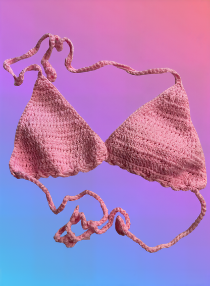 Full Coverage Pink Tie Back Rave Festival Crocheted Bralette Bikini Crop Top - Autumn LeAnn Designs®