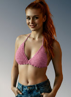 Full Coverage Pink Tie Back Rave Festival Crocheted Bralette Bikini Crop Top