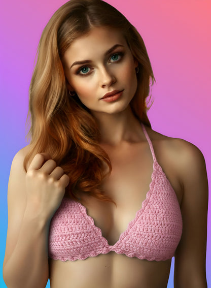Full Coverage Pink Tie Back Rave Festival Crocheted Bralette Bikini Crop Top - Autumn LeAnn Designs®