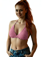 Full Coverage Pink Tie Back Rave Festival Crocheted Bralette Bikini Crop Top