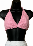 Full Coverage Pink Tie Back Rave Festival Crocheted Bralette Bikini Crop Top