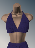Purple crochet top on a mannequin against a gray background