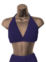 Purple Crochet halter top on a mannequin against a white background