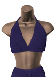 Purple Crochet halter top on a mannequin against a white background