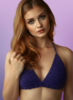 Woman wearing a purple bralette against a purple background