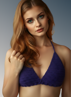 Woman wearing a purple crochet bikini top against a gray background