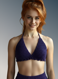 Woman wearing a purple bikini against a gray background