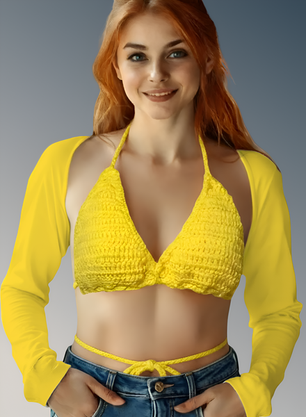 Full Coverage Yellow Tie Back Rave Festival Crocheted Bralette Bikini Crop Top
