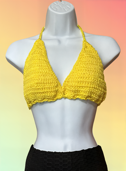 Full Coverage Yellow Tie Back Rave Festival Crocheted Bralette Bikini Crop Top - Autumn LeAnn Designs®