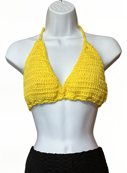 Full Coverage Yellow Tie Back Rave Festival Crocheted Bralette Bikini Crop Top - Autumn LeAnn Designs®