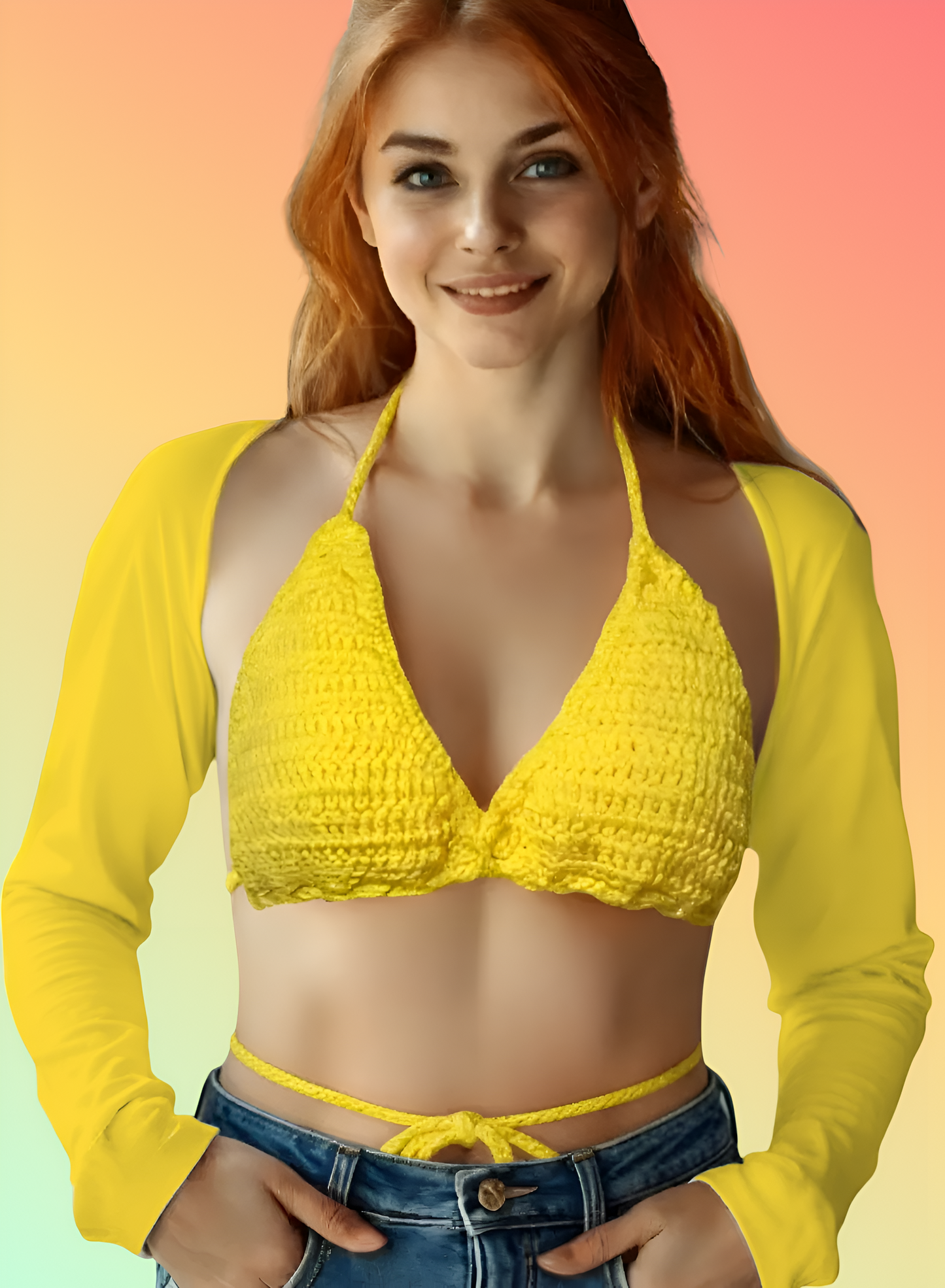 Full Coverage Yellow Tie Back Rave Festival Crocheted Bralette Bikini Crop Top - Autumn LeAnn Designs®