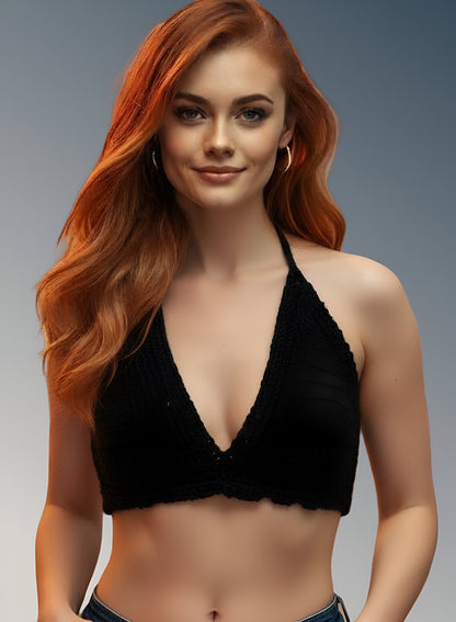 Full Coverage Black Tie Back Rave Festival Crocheted Bralette Bikini Crop Top - Autumn LeAnn Designs®