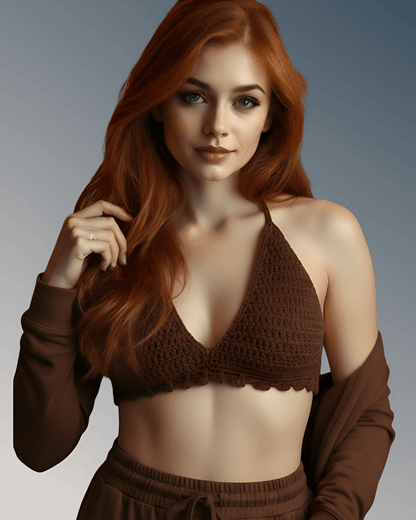 Full Coverage Brown Colored Tie Back Rave Festival Crocheted Bralette Bikini Crop Top