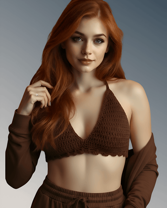 Full Coverage Brown Colored Tie Back Rave Festival Crocheted Bralette Bikini Crop Top