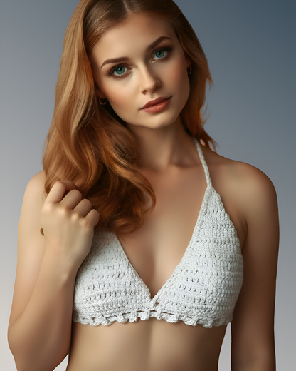 Full Coverage White Tie Back Rave Festival Crocheted Bralette Bikini Crop Top