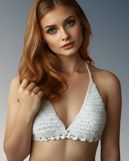 Full Coverage White Tie Back Rave Festival Crocheted Bralette Bikini Crop Top