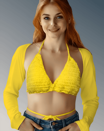 Full Coverage Yellow Tie Back Rave Festival Crocheted Bralette Bikini Crop Top