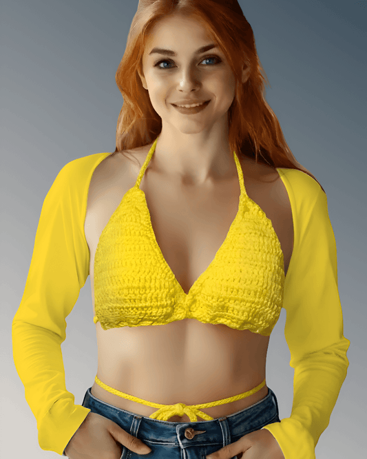 Full Coverage Yellow Tie Back Rave Festival Crocheted Bralette Bikini Crop Top