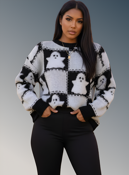 Chic Ghostly Women's Cozy Halloween Fall Pullover Sweater