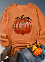Halloween Sequined Pumpkin Ribbed Round Neck Sweatshirt
