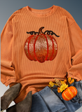 Halloween Sequined Pumpkin Ribbed Round Neck Sweatshirt
