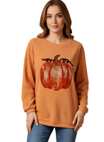 Halloween Sequined Pumpkin Ribbed Round Neck Sweatshirt