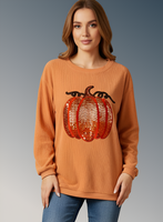 Halloween Sequined Pumpkin Ribbed Round Neck Sweatshirt