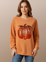 Halloween Sequined Pumpkin Ribbed Round Neck Sweatshirt