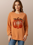Halloween Sequined Pumpkin Ribbed Round Neck Sweatshirt