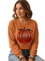 Halloween Sequined Pumpkin Ribbed Round Neck Sweatshirt