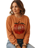 Halloween Sequined Pumpkin Ribbed Round Neck Sweatshirt