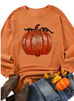 Halloween Sequined Pumpkin Ribbed Round Neck Sweatshirt