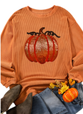 Halloween Sequined Pumpkin Ribbed Round Neck Sweatshirt
