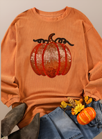 Halloween Sequined Pumpkin Ribbed Round Neck Sweatshirt