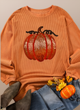 Halloween Sequined Pumpkin Ribbed Round Neck Sweatshirt