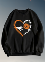 Black sweatshirt with Halloween-themed design featuring a heart, pumpkin, and ghost on a gray background.