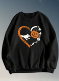 Black sweatshirt with Halloween-themed design featuring a heart, pumpkin, and ghost on a gray background.