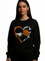 Black sweatshirt with Halloween-themed design featuring a pumpkin, ghost, and skeleton hand in a heart shape.