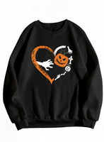 Black sweatshirt with Halloween-themed design featuring a pumpkin, ghost, and witch on a white background.