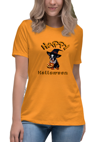 Autumn LeAnn Designs | Happy Halloween Boston Terrier Women's Relax T-Shirt, Heather Marmalade