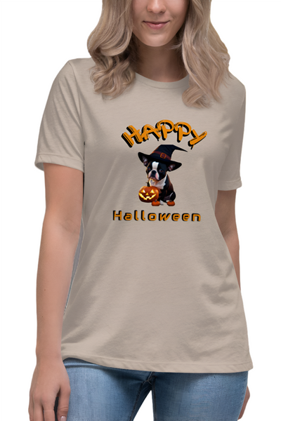 Autumn LeAnn Designs | Happy Halloween Boston Terrier Women's Relax T-Shirt, Heather Stone