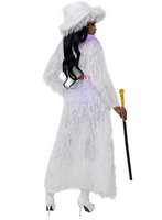 Person wearing a white fluffy costume with a hood and holding a staff on a white background